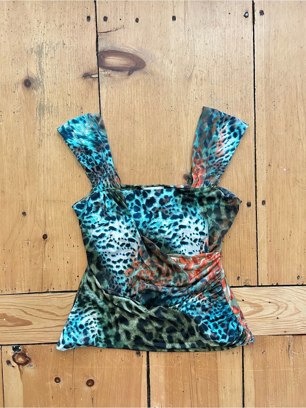 Vintage Joseph Ribkoff Y2K Women's Teal Multi Animal Print Tank Top